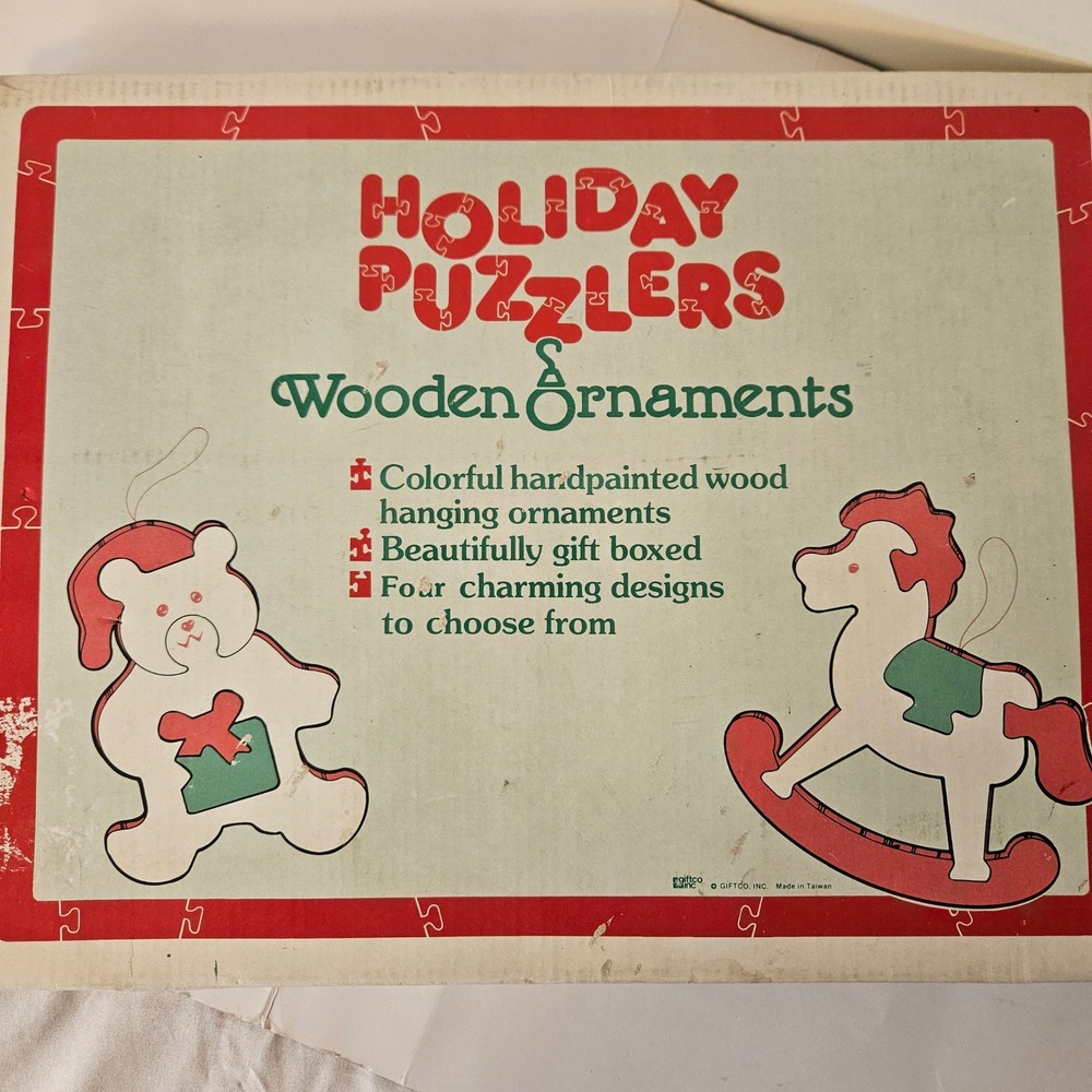 Vintage Giftco Holiday Puzzlers Wooden Ornaments Set of 9 Handpainted Retro - Picture 8 of 9